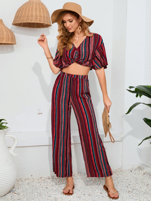 Color-Burgundy-Women Clothing Women Urban Striped Trousers Short Sleeved Top Two Piece Set-Fancey Boutique