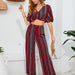 Color-Burgundy-Women Clothing Women Urban Striped Trousers Short Sleeved Top Two Piece Set-Fancey Boutique
