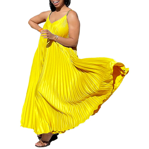 Color-Yellow-Summer Women Clothing Loose V-neck Strap Pleated Large Dress Vacation Dress-Fancey Boutique