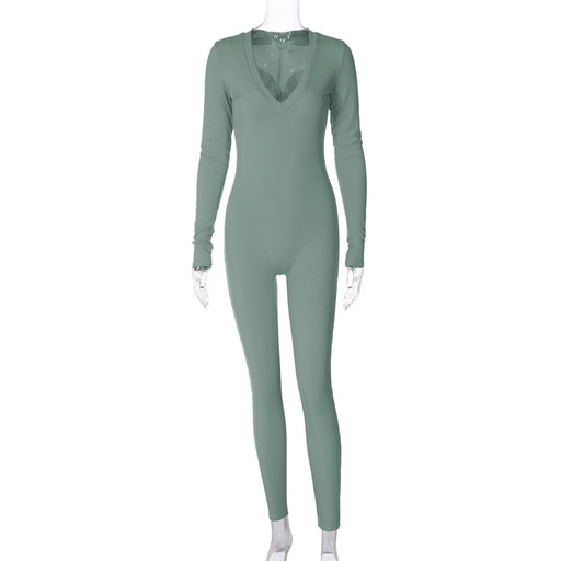 Color-Green-Women Clothing Spring Solid Color Slim Sports Long Sleeve Jumpsuit-Fancey Boutique