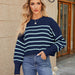 Color-Navy Blue Striped Pullover-Women Clothing Autumn Winter Loose Cropped Pullover Sweater Long Sleeve round Neck Sweater-Fancey Boutique