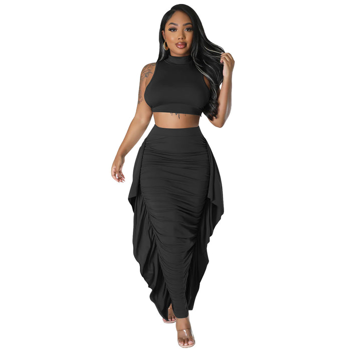 Color-Black-Summer Women Clothing Sexy Tight Tassel Sleeveless Two Piece sets Skirt Set-Fancey Boutique