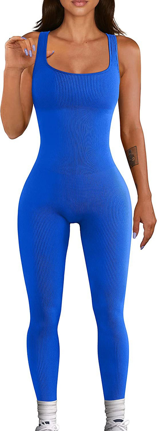 Color-Blue-Summer Sexy Women Yoga Jumpsuit Ribbed Square Collar Sleeveless Sports Jumpsuit Trousers-Fancey Boutique