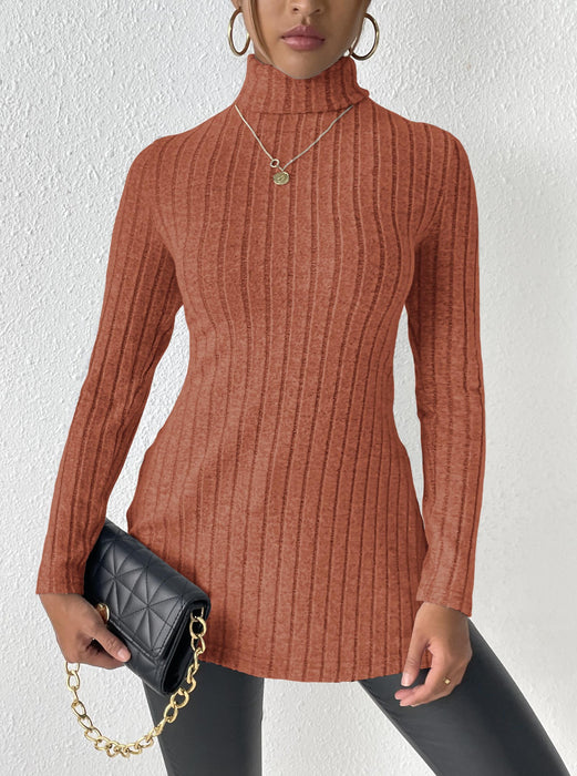 Color-Brown-Women Turtleneck Pullover Women Clothing Autumn Winter Slit Slim Fitting Bottoming Shirt Pit Striped Mid Length-Fancey Boutique