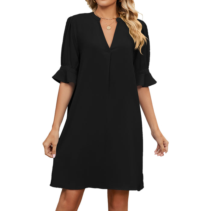 Color-Black-Summer Solid Color V neck Loose Pleated Half Length Sleeve Dress Women-Fancey Boutique