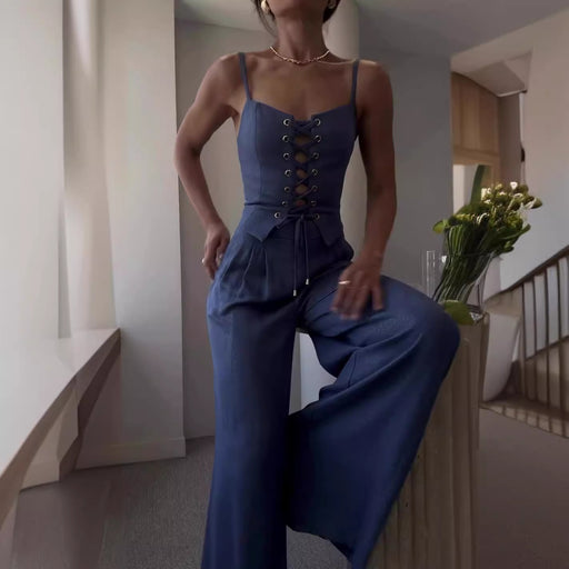 Summer Sexy Sexy Cutout Tied Top Casual Wide Leg Pants Suit-Blue-Fancey Boutique
