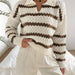 Polo Collar Pullover Women Autumn Winter Classic Striped Loose Casual Sweater Top-Khaki-Fancey Boutique