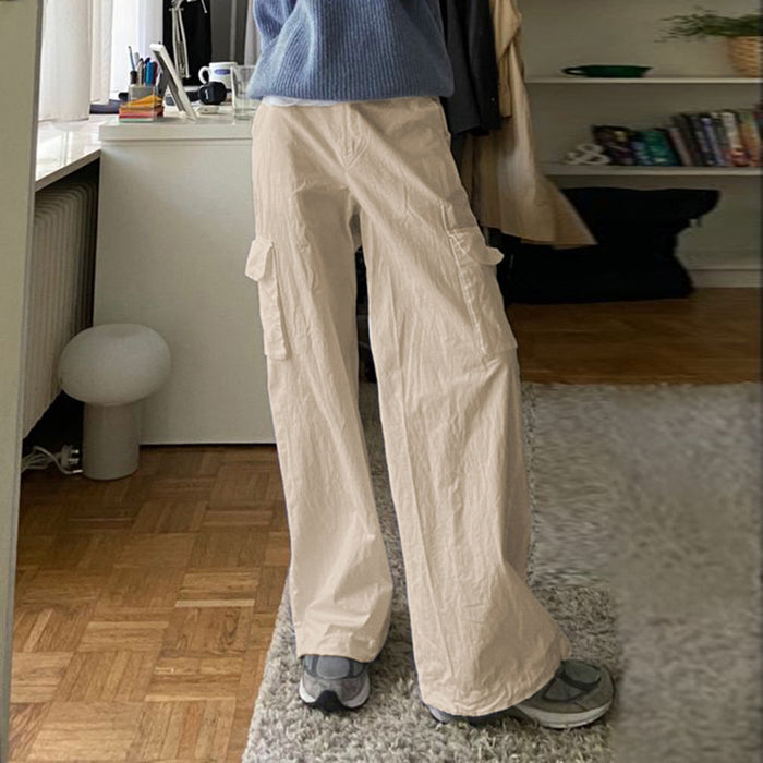 Retro Casual Working Pants Women Summer Multi Pocket Elastic Waist Design Straight Leg Pants Loose Wide Leg Linen Cotton Trousers-Fancey Boutique