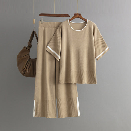 Color-Khaki-Women Clothing Casual Suit Contrast Color Short Sleeve Wide Leg Pants Pants Slit Two Piece Set-Fancey Boutique