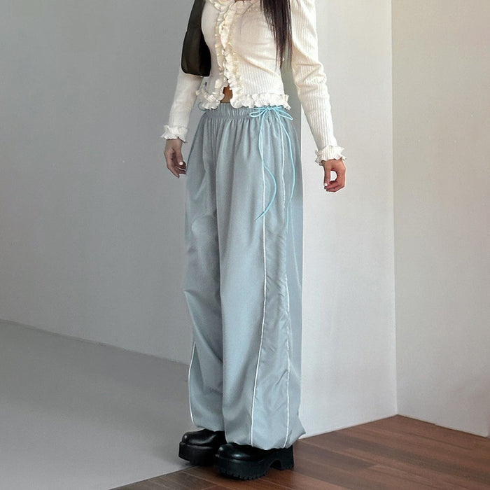 Women Spring Clothing High Waist Loose Bowknot Lace up Casual Simple Woven Pants