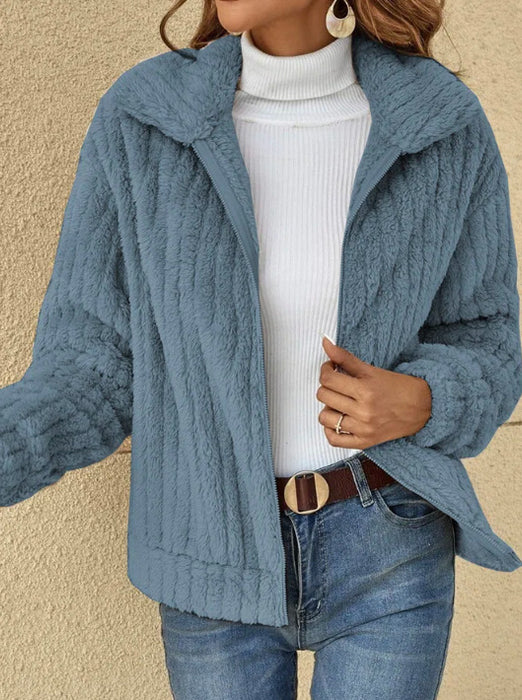 Color-Haze Blue-Women Clothing Autumn Winter Sunken Stripe Velvet Collared Short Coat Outerwear-Fancey Boutique