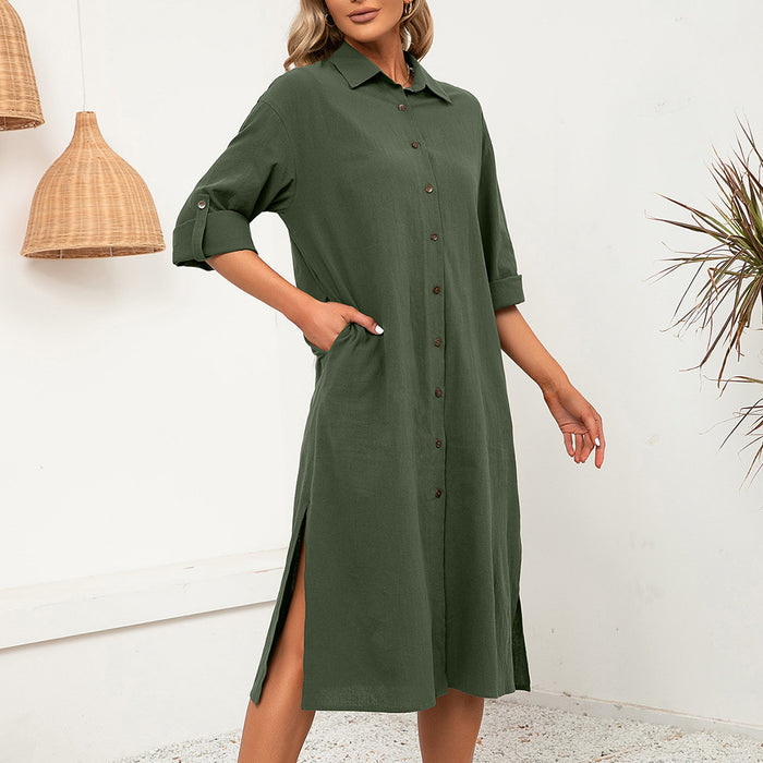 Color-Army Green-Collared Single Breasted Long Sleeve Loose Casual Slit Hemline at Hem Shirt Dress Long Shirt for Women-Fancey Boutique