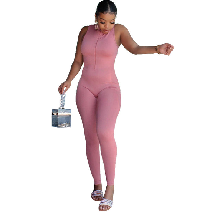 Color-Pink-Summer Women Clothing Sports Casual Tight Sleeveless Jumpsuit For Women-Fancey Boutique