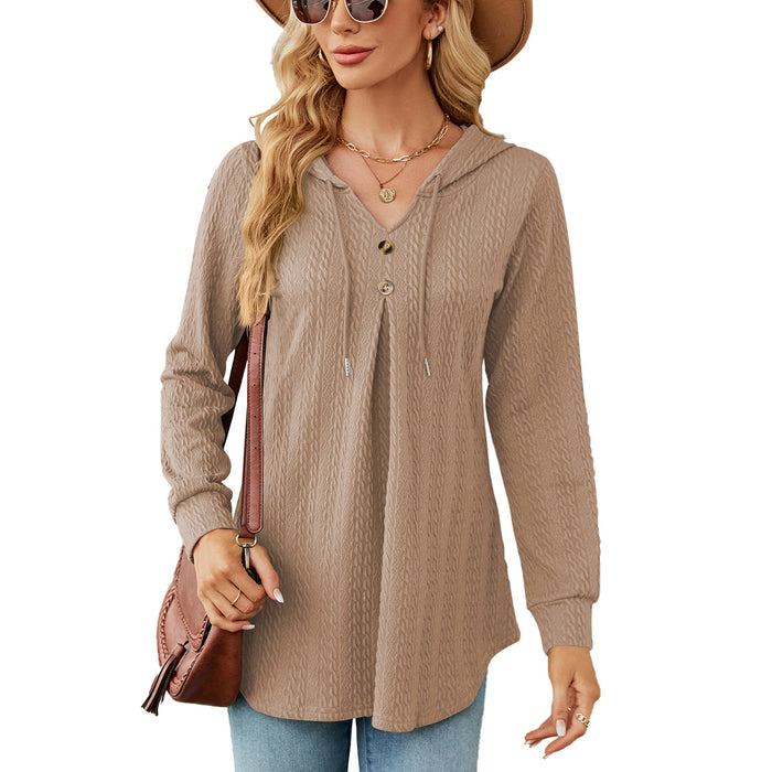 Color-Khaki-Autumn Winter V neck Loose Long Sleeve Hooded Sweaters Women Clothing Coat Women-Fancey Boutique