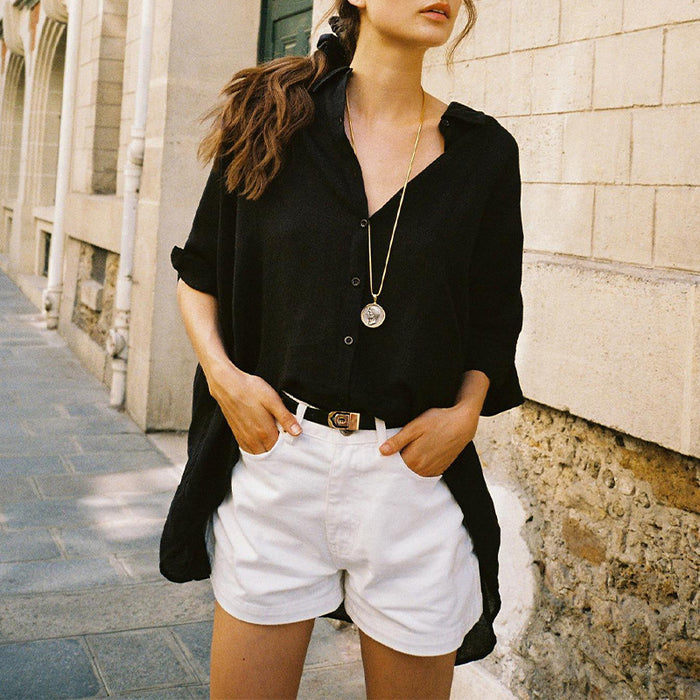 Pure Linen Shirt Women Summer Loose Half Sleeve Shirt Casual Office Wind Front Short Back Long Design Jacket-Black-Fancey Boutique