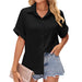 Color-Black-Summer Solid Color Satin Collared Loose Button Short Sleeve Shirt Women-Fancey Boutique