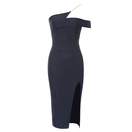 Color-Navy Blue-Bandage Dress Simple Sexy Oblique Shoulder Pearl Suspender Irregular Asymmetric Backless Slim Fit Side Slit Jumpsuit-Fancey Boutique