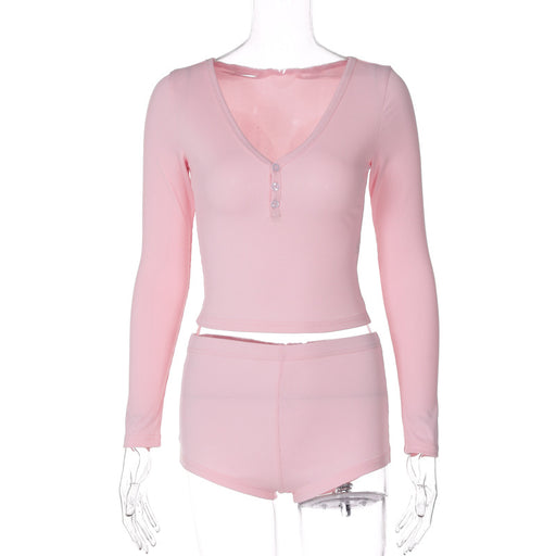 Color-Pink-Women Sexy Low Cut V neck Tight Long Sleeved Top Sports Super Short Shorts Two Piece Set-Fancey Boutique