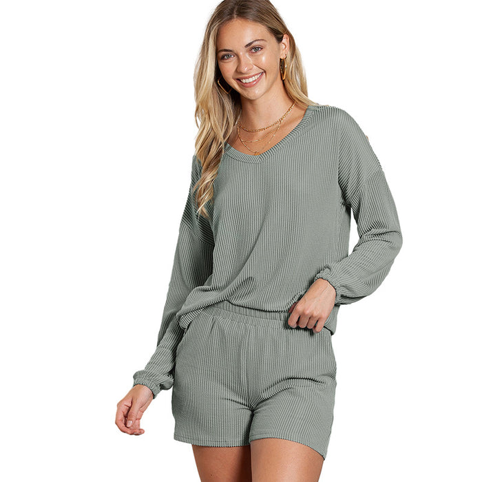 Color-Gray-Casual Suit Women Autumn Solid Color V neck Loose Long Sleeve Sports Two Piece Set Women-Fancey Boutique