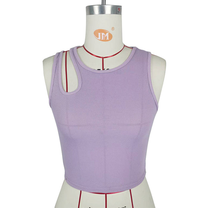 Summer Women Ribbed Bare Cropped Slim Fit Top Hollow Out Cutout Design Sleeveless round Neck Vest-Purple-Fancey Boutique