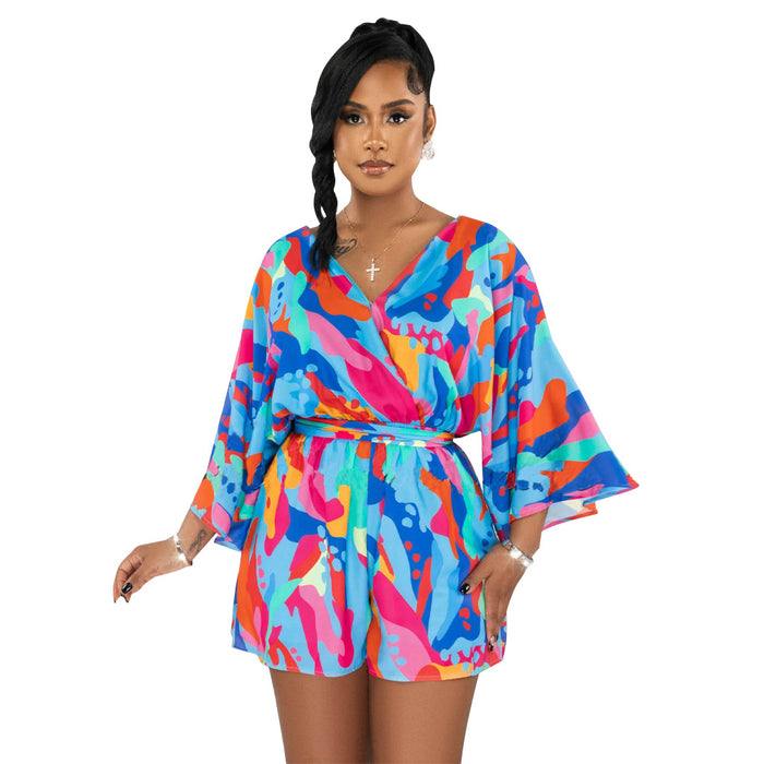 Women Wear V Neck Sexy Backless Print Shorts Jumpsuit-Blue-Fancey Boutique