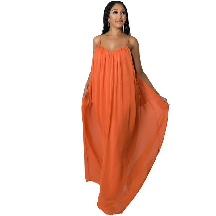 Color-Dark orange-Women Chiffon Solid Color Casual Backless Cami Dress-Fancey Boutique
