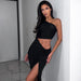 Women Sexy Oblique Shoulder Single Sleeve Pleated Cropped Outfit Split Mid Length Women Dress-Fancey Boutique