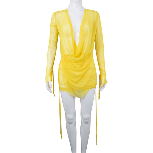 Color-Yellow-Women Clothing Summer Solid Color Swing Collar Open Chest Cropped Mesh Transparent Drawstring Suit-Fancey Boutique