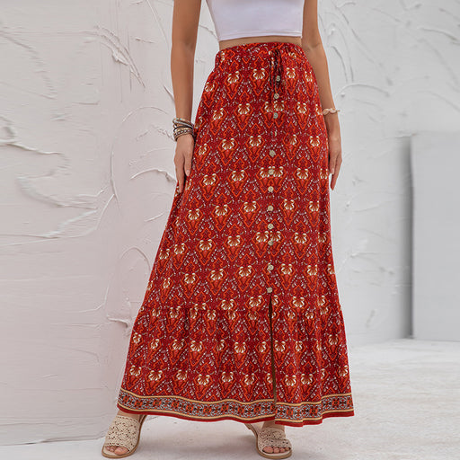 Color-Red-Summer Women Collection High Waist Print Breasted Split Skirt-Fancey Boutique