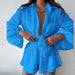 Color-Blue-Summer Women Casual Solid Color Ruffles Shorts Long Sleeve Set-Fancey Boutique