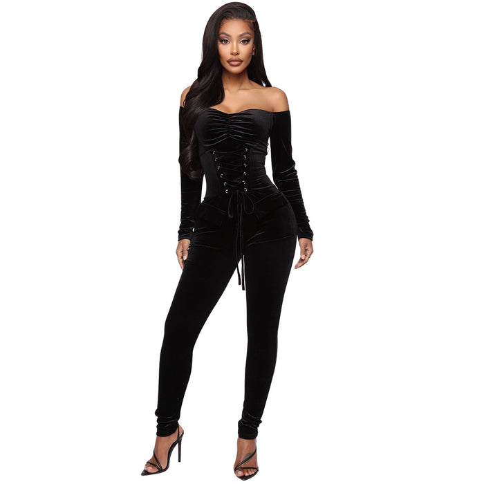 Color-Black-Women Clothing Autumn Winter Velvet Off Shoulder Corns Tied Slim Fit Jumpsuit-Fancey Boutique