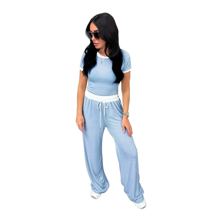 Spring Summer Round Neck Contrast Color Short-Sleeved Women Clothing Casual Wide Leg Pants Sports Suit-Light Blue-Fancey Boutique