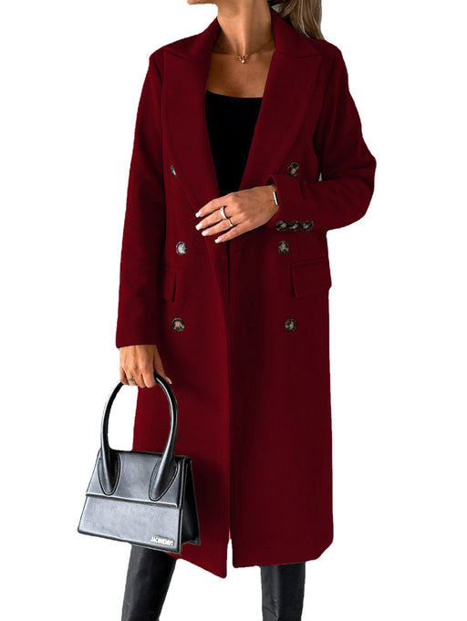Color-Burgundy-Autumn Winter Women Clothing Long Sleeve Polo Collar Solid Color Double Breasted Slim Coat Woolen Coat-Fancey Boutique