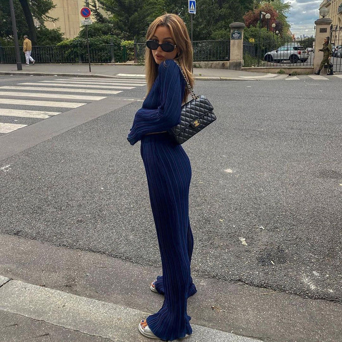 Early Autumn Chanel Long Sleeve T shirt Two Piece Slim Blue Pleated Wide Leg Trousers Suit-Fancey Boutique