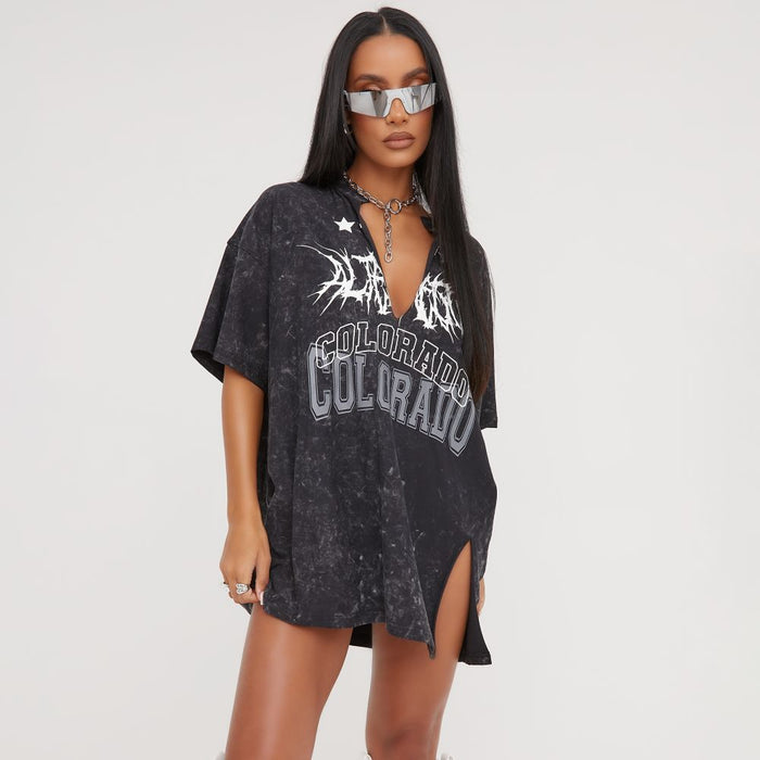 Sexy Deep V Plunge Sexy Worn Looking Washed out Casual Short Sleeve Loose Letter Graphic Print Slit Hemline at Hem Mid Length T shirt-Fancey Boutique