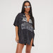 Sexy Deep V Plunge Sexy Worn Looking Washed out Casual Short Sleeve Loose Letter Graphic Print Slit Hemline at Hem Mid Length T shirt-Fancey Boutique