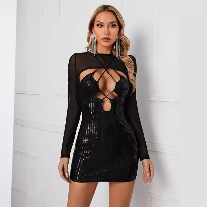 Women Cocktail Party Sexy Evening Dress Sequined Tube Top Hollow Out Cutout out Party Evening Dress-Fancey Boutique