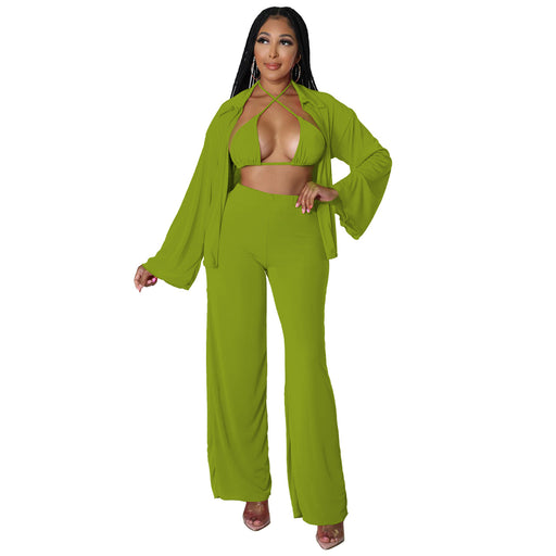 Color-Green-Plus Size Women Clothes Nightclub Sexy Cropped Outfit Cardigan Bell Sleeve Casual Three-Piece Suit-Fancey Boutique