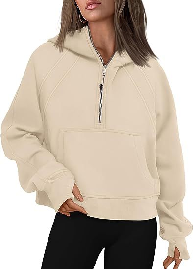 Color-Ivory-Women Clothing Half Zipper Hooded Sweatshirt Loose Short Velvet Sweater-Fancey Boutique