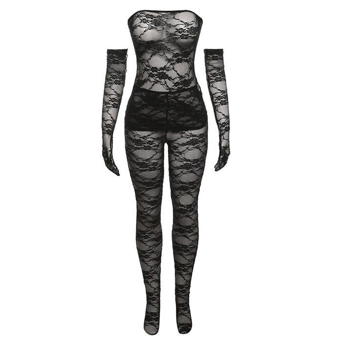 Color-Black-Fall Women Clothing Sexy Lace Tube Top High Waist Tight Body Stocking Trousers Suit Women-Fancey Boutique