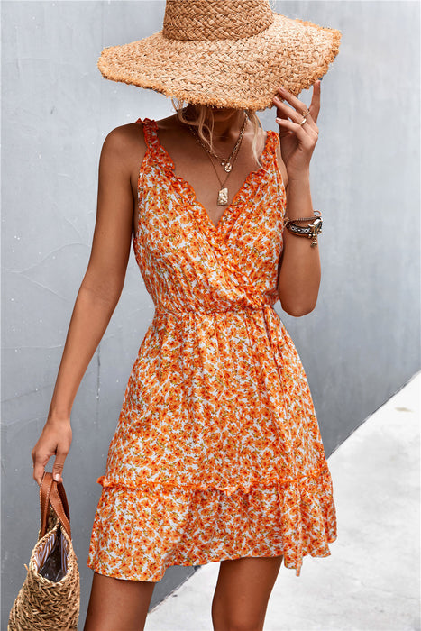 Spring Summer V-neck Lace-up Ruffled Floral Strap Dress-Fancey Boutique