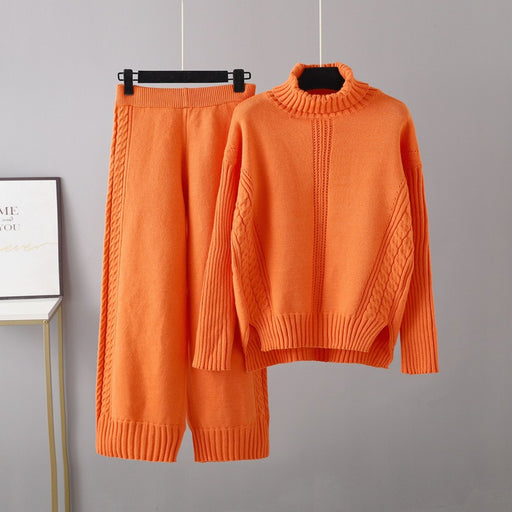 Color-Orange-Turtleneck Pullover Thickened Knitting Sweater Casual Set Women Autumn Winter Loose Idle Wide Leg Pants Two Piece Set-Fancey Boutique