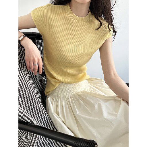 Spring Summer Slim Fit Cashmere Knitwear Top Simple Drop Shoulder Soft Glutinous Short Sleeve Bottoming Shirt Women-Fancey Boutique