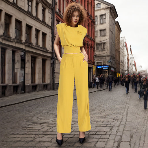 Casual Spring Lace Bow Top High Waist Straight Wide Leg Pants Two Piece Set-Yellow-Fancey Boutique