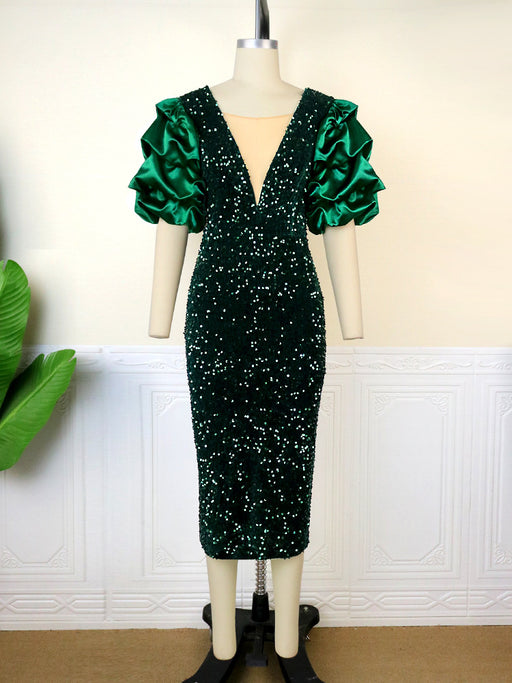 Color-blackish green-Christmas Sexy V neck Oversleeves Dress High Waist V Back Party Sequin Formal Dress-Fancey Boutique