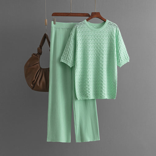 Color-Green2-Summer Solid Color Hollow Out Cutout out Casual round Neck Short Sleeve Trousers Knitted Two Piece Set-Fancey Boutique