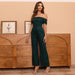 Color-Darkgreen-Solid Color Women Jumpsuit off Shoulder Flared Leg Jumpsuit-Fancey Boutique