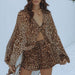 Vacation Summer Leopard Print Loose Outfit Sexy See through Long Sleeves Shirt Shorts Two Piece Set-Fancey Boutique