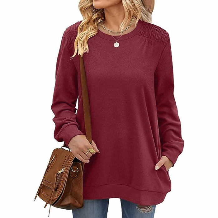 Color-Burgundy-Autumn Winter Solid Color round Neck Loose Casual Long Sleeve T shirt Top for Women-Fancey Boutique