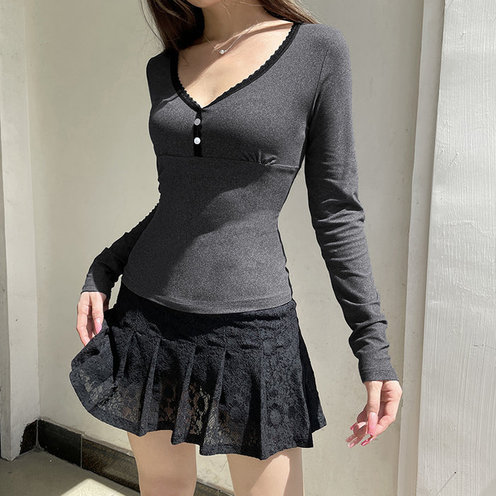 Intellectual Woman V neck Lace Stitching Breasted Split Chest Base Basic All-Matching Slim Long Sleeve Top-Fancey Boutique